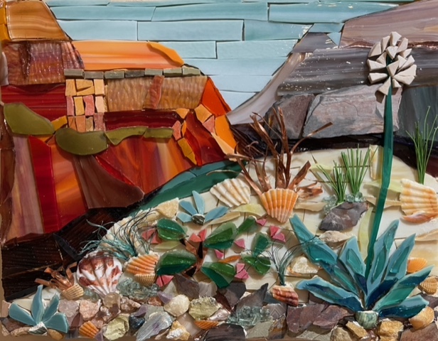 Grand Canyon.  11”x14” stained glass, stone, shells, copper, smalti.  NFS